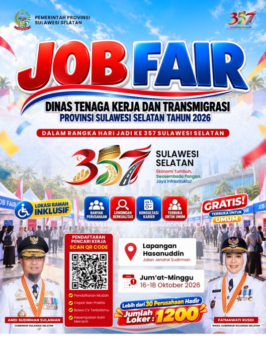 Job Fair Sulsel 2026 buka 1.230 lowongan dan gandeng 30 Perusahaan di Lapangan Hasanuddin, Jalan Jenderal Sudirman, Makassar, 16-18 Oktober 2026.