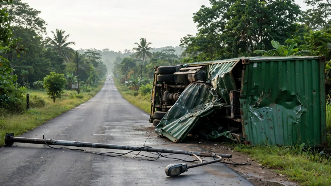 Truk kontainer terbalik setelah menabrak tiang lampu di Jalan Poros Pangkep-Maros, Kecamatan Lau, Kabupaten Maros, Sabtu (17/10/2026) dini hari