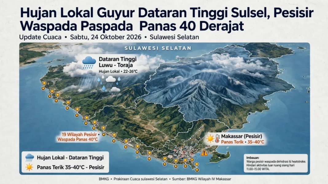 Hujan lokal berpotensi turun di dataran tinggi dan Luwu-Toraja, sementara 19 wilayah Sulsel waspada panas 35-40 derajat