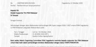Pertandingan PSIM Yogyakarta vs PSM Makassar tanpa penonton pada BRI Super League 2026/2027.