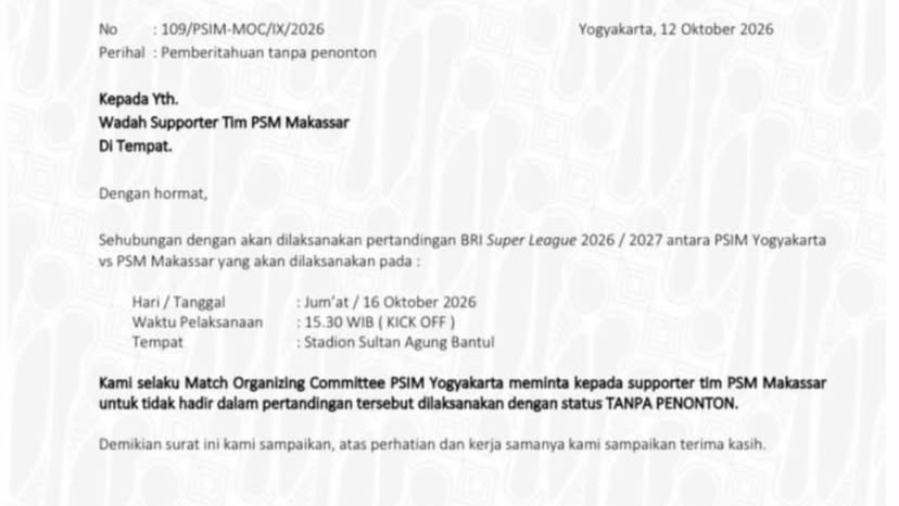 Pertandingan PSIM Yogyakarta vs PSM Makassar tanpa penonton pada BRI Super League 2026/2027.