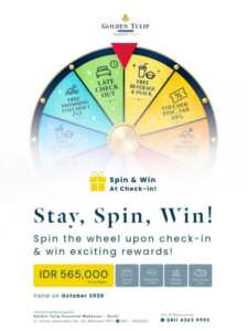Golden Tulip Makassar menghadirkan promo Stay, Spin, Win! selama Oktober 2026. Tamu bisa spin dan berkesempatan bawa pulang hadiah menarik.