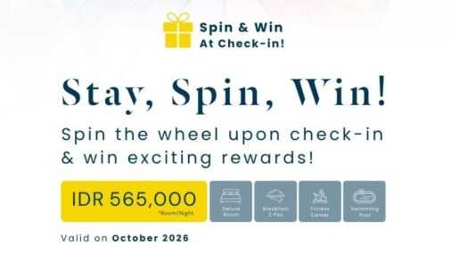 Golden Tulip Makassar menghadirkan promo Stay, Spin, Win! selama Oktober 2026. Tamu bisa spin dan berkesempatan bawa pulang hadiah menarik.